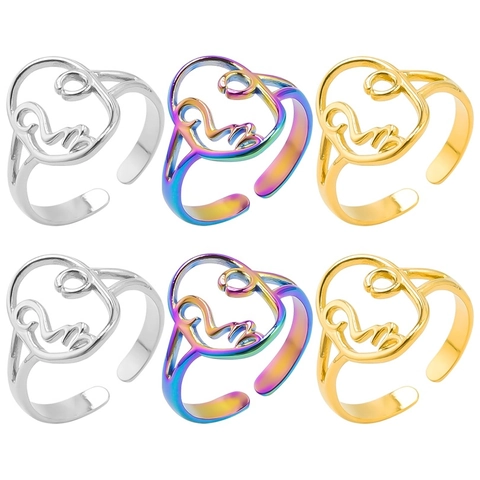 Anillo De Rostro Abstracto De Acero Inoxidable Minimalista Hueco Ajustable Abierto Joyería Para Mujer