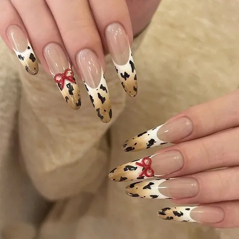 Faux Ongles Faits Main Dégradé Français Motif Léopard Vache Nœud 3D Amande Ovale Carré Forme Manucure Réutilisable