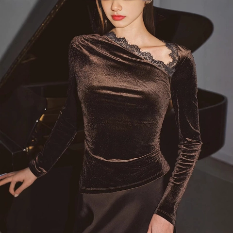 Top A Maniche Lunghe In Velluto Da Donna Arricciato Bordo In Pizzo Scollo Asimmetrico Obliquo Slim Fit Sexy Elegante
