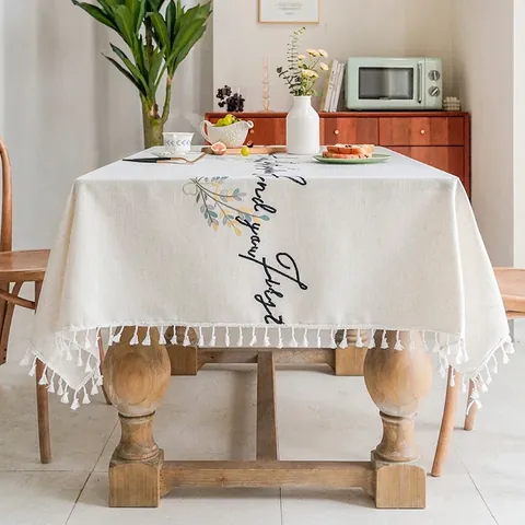 Nordic Minimalist Cotton Linen Tablecloth With Tassels Floral Print Artistic Letters Rectangular Decorative Table Cover