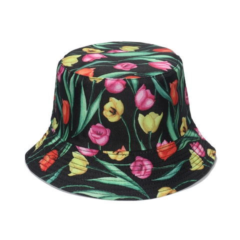 Bucket Hat Polyester Sun Protection Summer Outdoor Pastoral Tulip Cartoon Fashion For Women