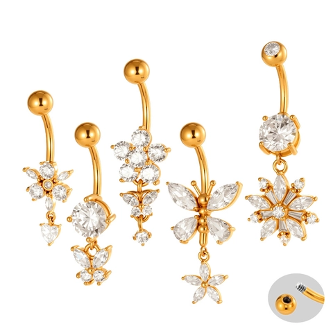 Stainless Steel Belly Button Rings Butterfly Flower Dangle Cubic Zirconia Curved Navel Piercing Jewelry For Women