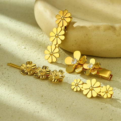 Fermagli Per Capelli A Petalo Di Fiore Dorato In Acciaio Inossidabile Intarsiati Con Zircone Forcine Eleganti Da Donna