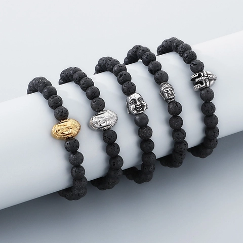 Black Lava Stone Beaded Bracelet With Stainless Steel Buddha Head Skull Spartan Helmet Charm Elastic Men Jewelry Vintage