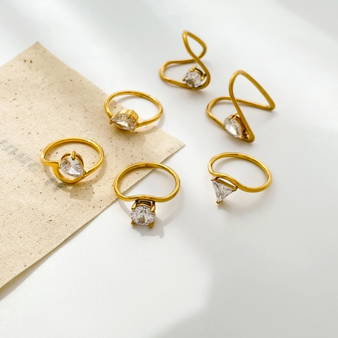 Titanium Stahl Ring Gold Plattiert Geschwungenes Design Mit Geometrischem Wassertropfen Rund Dreieck Zirkonia Damen