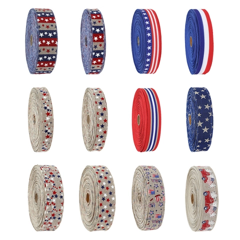 Patriotic Decorative Ribbon Faux Linen Stars Stripes USA Print Independence Day Christmas DIY Craft Gift Wrap Decoration