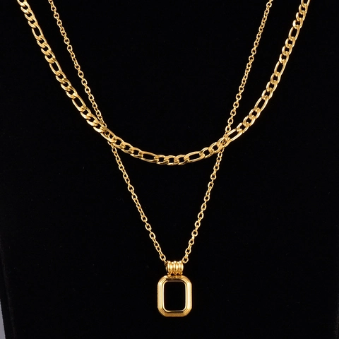 Vintage Titanium Steel Double Layer Necklace For Women 18K Gold Plated Figaro Chain Geometric Square Pendant Fashion Jewelry Gift