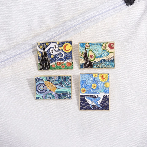 Geometric Art Starry Night Enamel Brooch Zinc Alloy Artistic Whale Avocado Halloween Ghost Boat Pin Clothing Bag Accessory