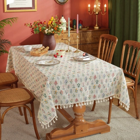 French Retro Tablecloth Bamboo Slub Linen Floral Print Rectangular Table Cloth With Ruffle Tassel For Kitchen Party Dining Room Home Decor