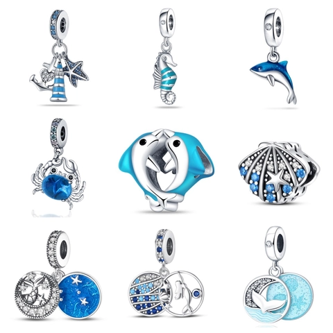 Ocean Theme Charm Beads Copper Plated 925 Silver Blue Enamel Zirconia Dolphin Seahorse Shell Mermaid Jewelry Making