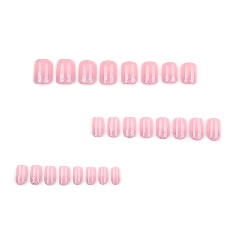 Press On Nägel Kurz Quadratisch Rund Nude Rosa Silber Glitzer Verlauf Glänzend Reverse French Stil Für Damen