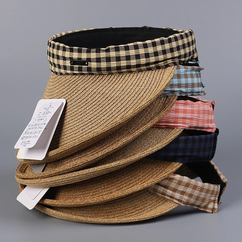 Women Summer Sun Visor Hat Paper Straw Woven Large Brim Gingham Pattern Headband UV Protection Breathable Fashionable