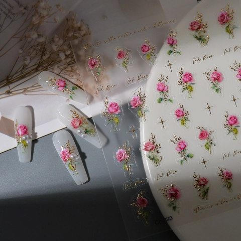 Autocollants Ongles 5D Relief Motifs Floraux Roses Doré Argenté Imperméable Accessoires De Manucure Style Français Romantique