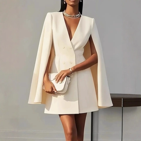 Women Double Breasted Cape Sleeve Suit Mini Dress Elegant V Neck Solid Color Polyester Office Commuter Wear