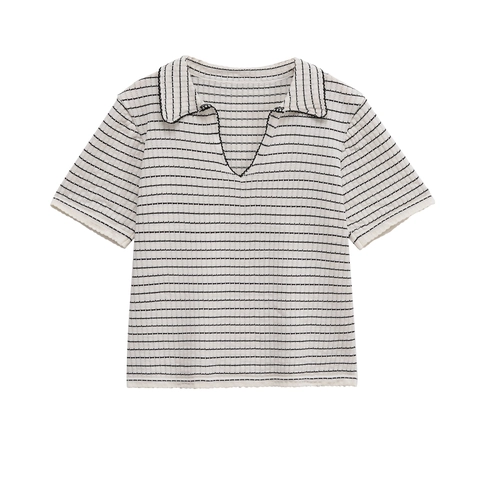 Gestreiftes Strick Polo Oberteil Mit Kurzen Ärmeln Und Weite Hose Damen Lässige Streetwear Texturierte Polyester