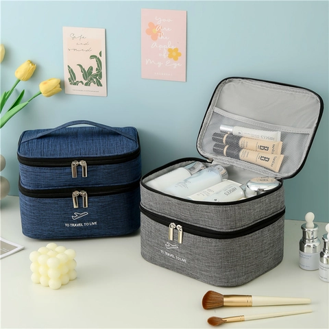 Große Kapazität Doppelschicht Make-Up Tasche Kationisches Oxford Tuch Wasserdichte Kulturbeutel Reise Aufbewahrungstasche