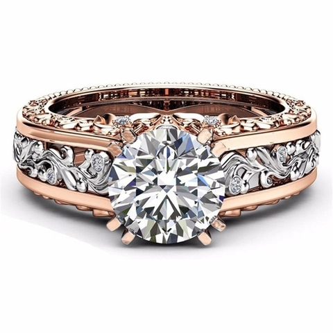 Vintage Rose Gold Silver Bicolor Hollow Floral Pattern Ring With Round White Zirconia For Women Luxury Jewelry Gift