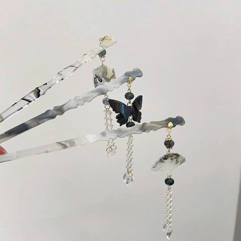 Pic À Cheveux Acétate Résine Avec Gland Papillon Éventail Breloques Style Chinois Ancien Accessoires Cheveux Hanfu Femmes