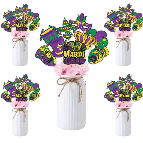 Mardi Gras Party Dekoration Mittelstück Stöcke Papier Maske Krone Hut Requisiten Für Karneval Tisch Ornament Lila Grün Gold
