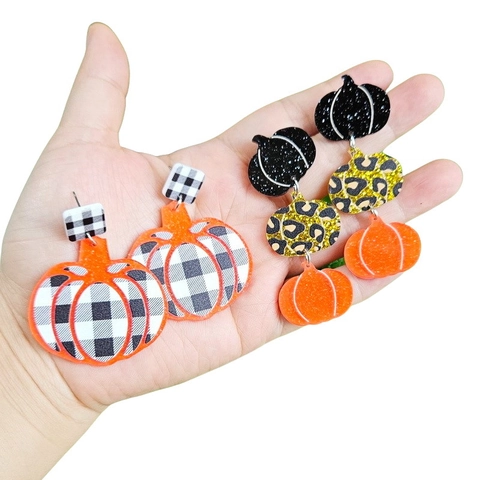Halloween Kürbis Ohrhänger Acryl Karo Leopardenmuster Glitzer Statement Schmuck Für Damen Festlich
