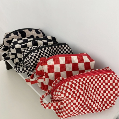 Borsa Da Trucco Vintage A Scacchi E Stampa Mucca Seersucker Organizzatore Da Toeletta Portatile Pochette Cosmetica Donna