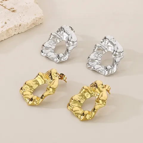 Stainless Steel Stud Earrings Irregular Round Pleated Hammered Texture Minimalist Chic Jewelry For Women Modern Accessories