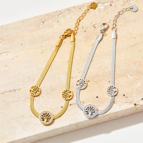 Bracciale Albero Della Vita Acciaio Inossidabile Strass Ciondoli Tondi Cavi Catena Serpente Gioielli Moda Regalo Donna