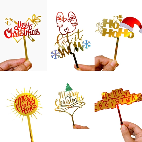 Christmas Cake Toppers Acrylic Mirror Gold Glitter Festive Merry Christmas Holiday Party Baking Decoration