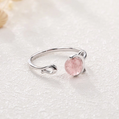 Süßer Katzenohr 925 Sterlingsilber Erdbeerquarz Offener Ring Für Damen Verstellbarer Rosa Edelstein Tier Schmuck Fingerring