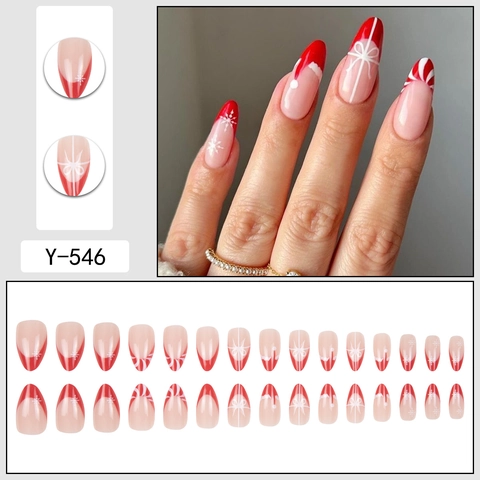 Uñas Postizas De Navidad Rojo Blanco Francés Forma Almendra Copo De Nieve Lazo Rayado Fiesta Vacaciones Para Mujeres