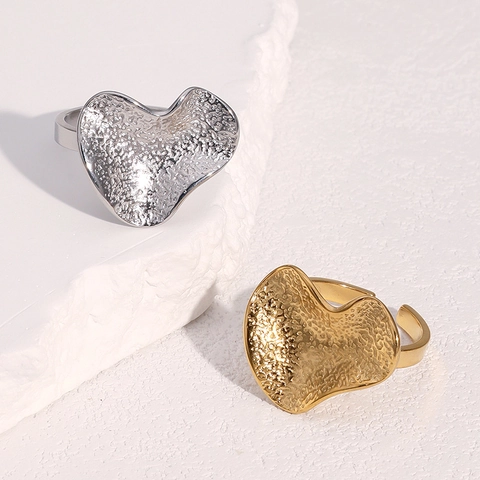 Anillo Abierto En Forma De Corazón Acero Inoxidable Ajustable Textura Irregular Martillada Chapado Oro 18K Joyas Mujer