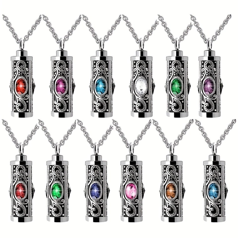 Cylinder Urn Necklace Stainless Steel Memorial Cremation Jewelry Vintage Engraved Birthstone Pendant