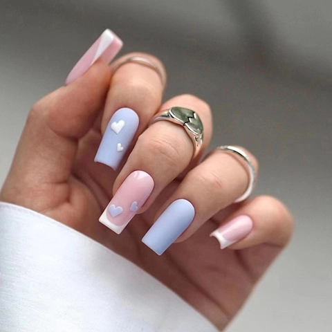 French Style Press-On Nails Blue White Heart Pattern Matte Texture Square Shape Sweet DIY Manicure For Women