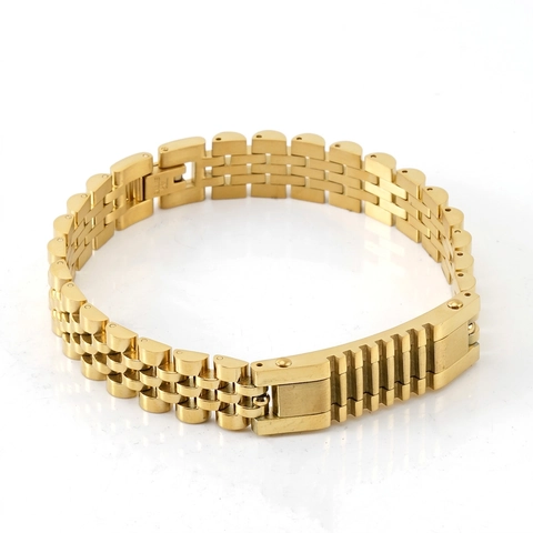 Pulsera Estilo Correa De Reloj De Acero Inoxidable Cadena De Jubileo Cierre Plegable Joyería De Moda Para Hombre Chapado En Oro