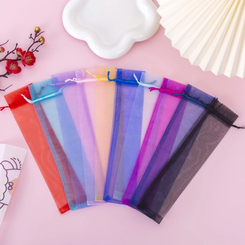 Organza Drawstring Bags Mesh Gift Pouches Long Strip Jewelry Packaging Fan Pen Storage Pouches Semi Transparent