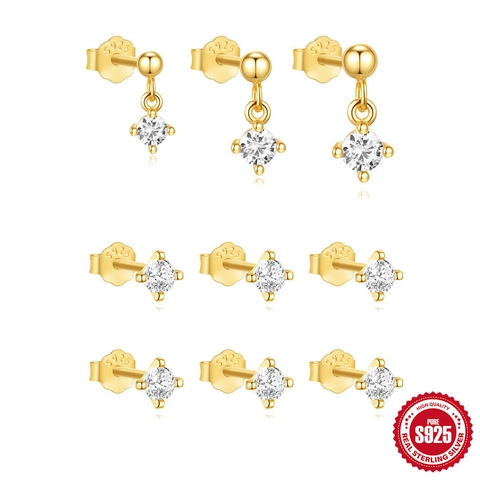 Gold Plated Stud Earrings With 925 Sterling Silver Earring Post Zirconia Four Prong Minimalist Jewelry For Women