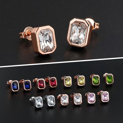 Boucles D'Oreilles Puces En Zircon Coupe Émeraude Rectangulaire Pour Femmes Bijoux Simples En Cuivre Géométrique Élégant