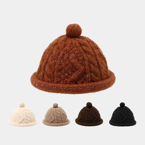 Bonnet Beanie Vintage En Tricot Torsadé Pour Hommes Et Femmes Chaud Rétro Miki Hat Avec Pompon Acrylique Bonnet D'Hiver