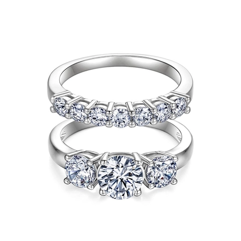 Gold Plated Copper Moissanite Zirconia Ring Set For Women 1 Carat Three Stone Ring Row Drill Anniversary Wedding Jewelry