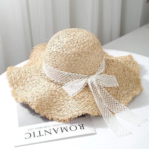 Womens Paper Straw Sun Hat Wide Brim Lace Ribbon Bow Frayed Edge Breathable Beach Summer Vacation