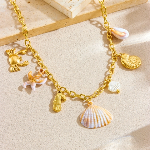 Ozean Thema Charme Halskette Edelstahl Vergoldet Seeschale Seestern Seepferdchen Krabbe Muschel Urlaub Strand Schmuck Für Damen