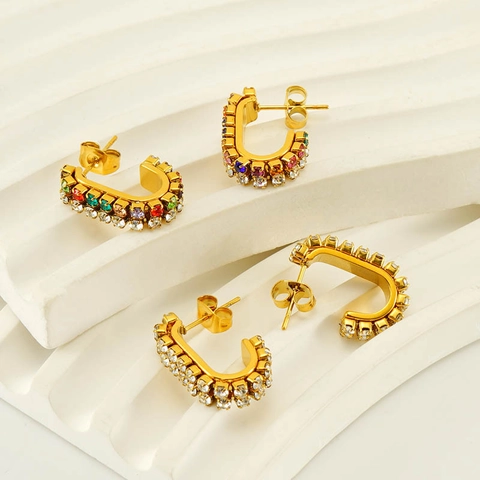 Geometric Hoop Earrings Stainless Steel 18K Gold Plated Baguette Zircon Inlaid C-Shaped Luxury Fashion Jewelry For Women