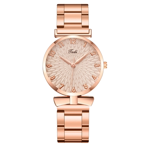 Orologio Al Quarzo Da Donna Oro Rosa Lega Cinturino In Metallo Numeri Arabi Arredamento Fiocco Quadrante Solare Elegante