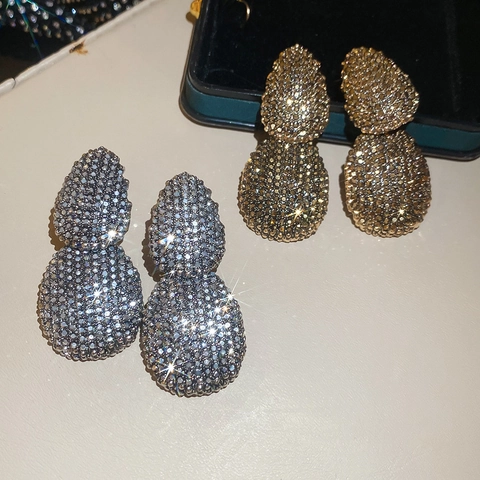 Vintage Double Layer Oval Teardrop Earrings Alloy Rhinestone Pavé Set Statement Retro Party Jewelry For Women With Earring Post