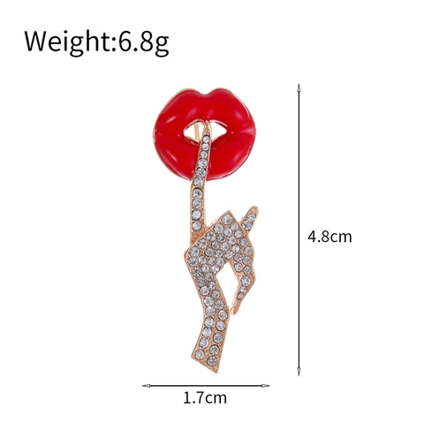 Red Lips Shhh Gesture Brooch Pin Alloy Rhinestone Creative Enamel Accessory For Women Suit Coat Personalized Pop Art Style