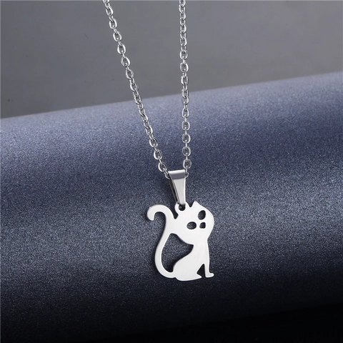 Minimalist Stainless Steel Hollow Cat Pendant Necklace For Women Silver Polished Animal Kitten Clavicle Chain Jewelry Gift