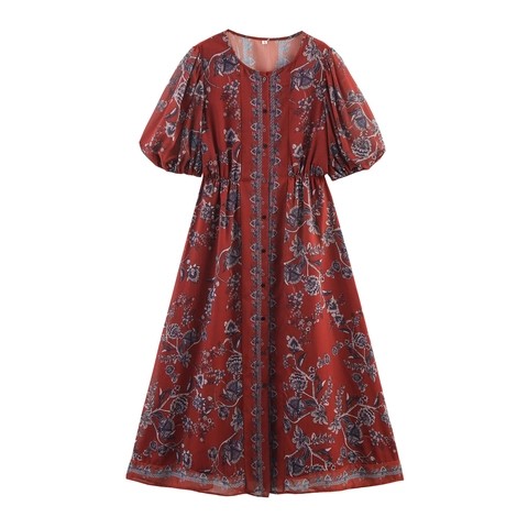 Women Floral Print Maxi Dress Polyester Short Puff Sleeve Round Neck High Waist Bohemian Vacation Elegant Long Dress