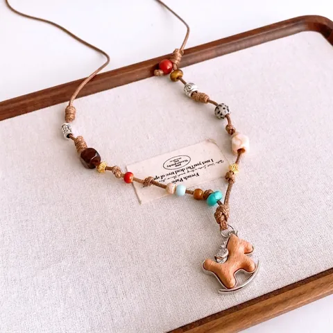 Rocking Horse Pendant Necklace Wood Fabric Copper Long Sweater Chain Retro Handcrafted Bohemian Jewelry For Women