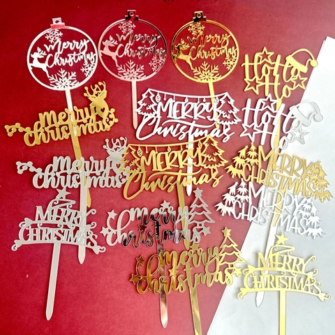 Merry Christmas Cake Toppers Mirror Acrylic Ho Ho Ho Reindeer Snowflake Tree Festive Party Dessert Decoration Supplies