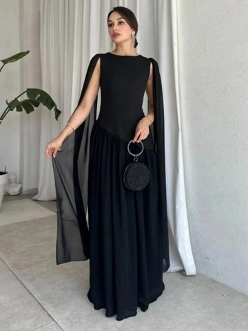 Elegant Cape Sleeve Evening Gown Round Neck Mesh Patchwork Long Dress For Party Banquet Solid Color Slim Fit